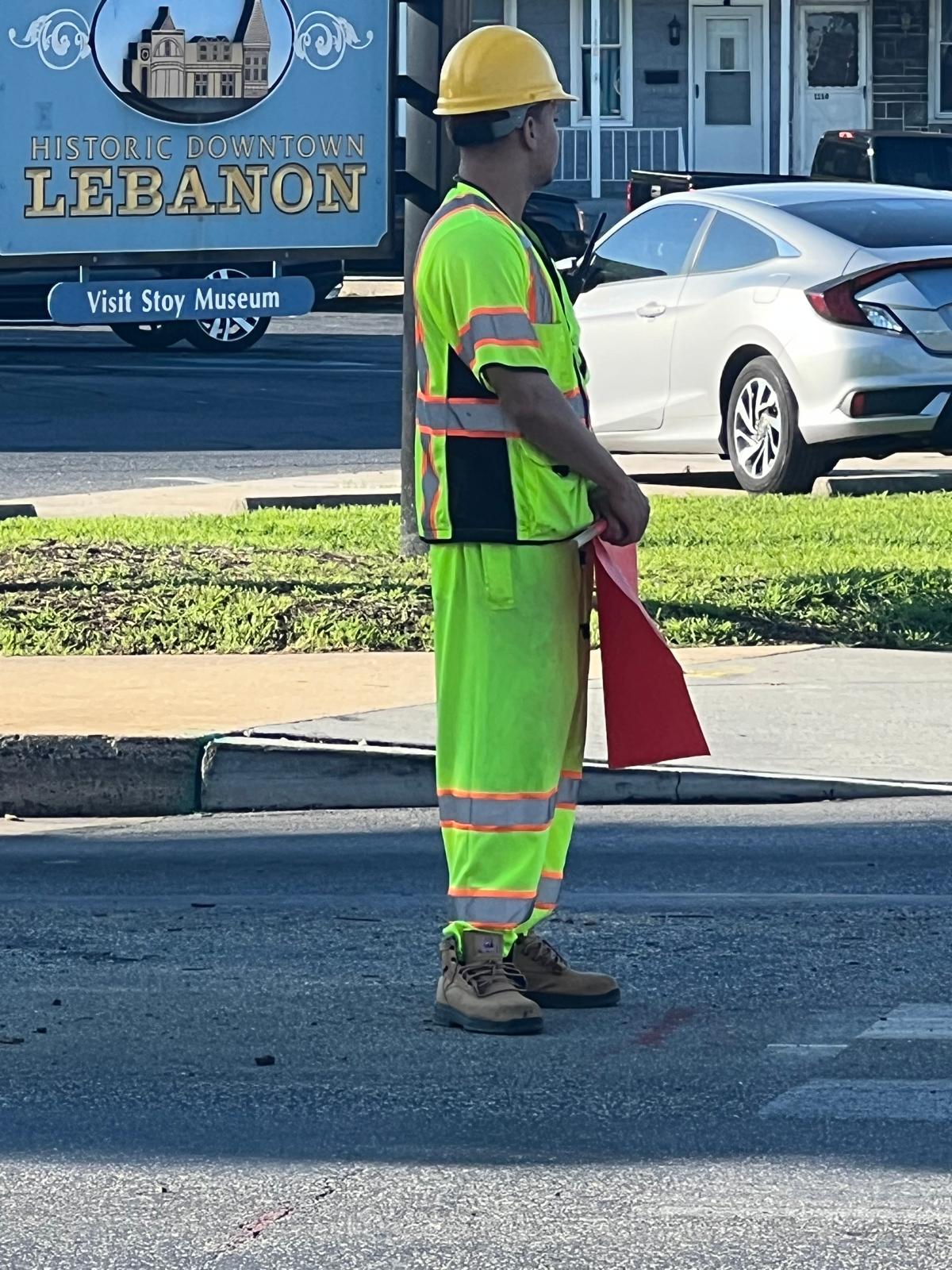 Flagger directing traffic in Lebanon, PA